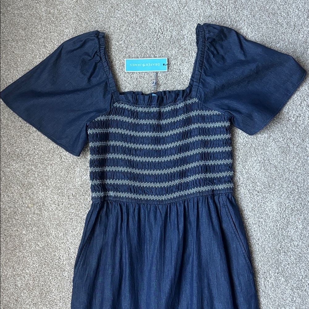 Draper James Navy and White Smocked Jumpsuit with Pockets